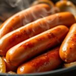 cooking bratwurst in a skillet