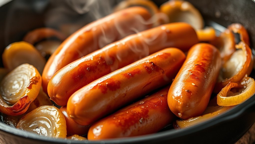 cooking bratwurst in a skillet