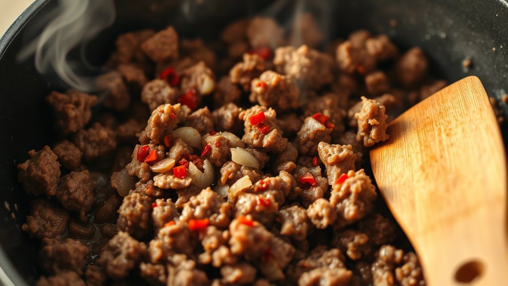 cooking ground beef in skillet for tacos