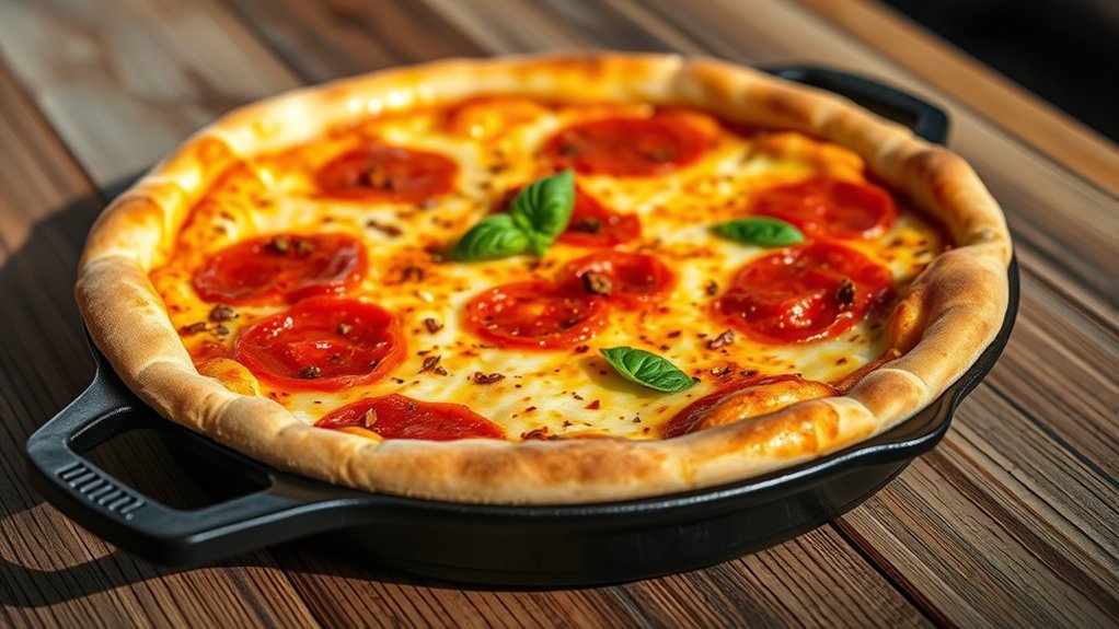detroit style pizza in cast iron skillet