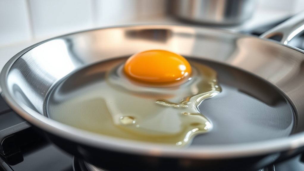 frying egg in stainless skillet