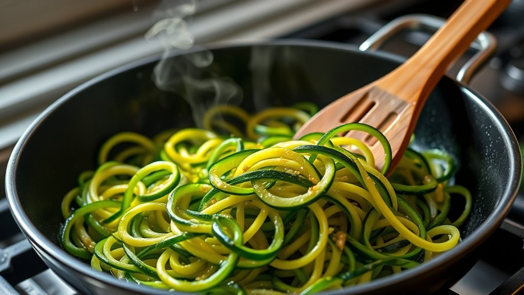 saut zucchini noodles in skillet