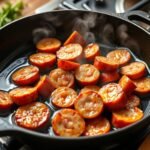 sizzling kielbasa in skillet