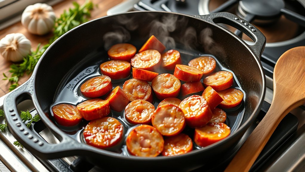sizzling kielbasa in skillet